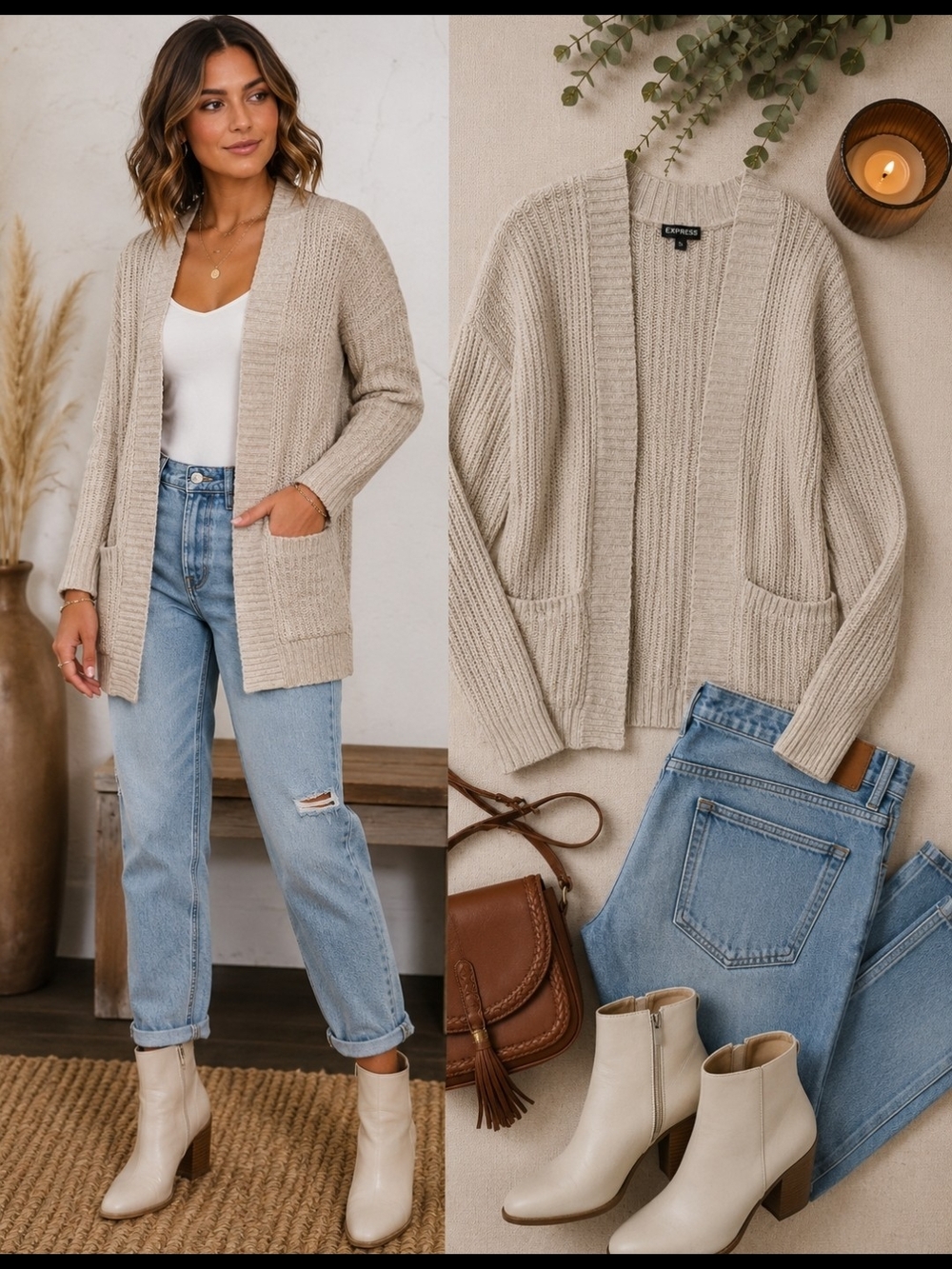 Express Oatmeal Chunky Knit Cardigan Sweater Pockets Small Capsule Wardrobe